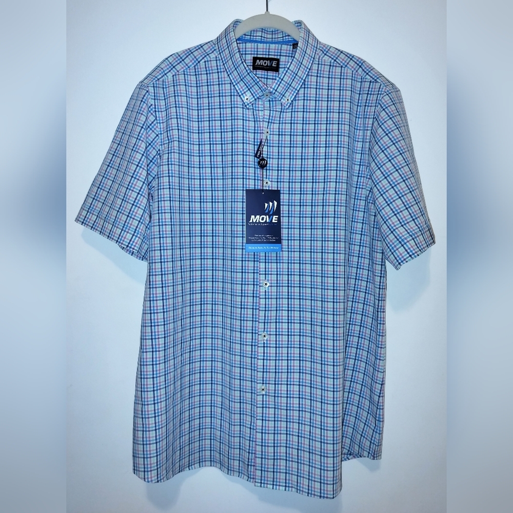NWT Move By Quieti Men's Blue Checkered Button Up Short Sleeve Shirt XL